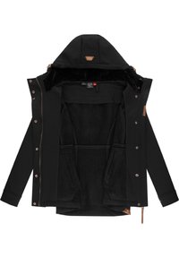 Veste à capuche noire avec une doublure intérieure douce, présentant un devant zippé, des boutons-pression et deux poches avant au toucher tissu lisse.