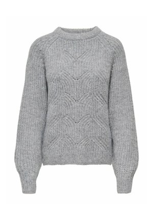 Suéter gris de punto con un patrón texturizado, que presenta un cuello redondo y mangas largas. La tela parece suave y gruesa.