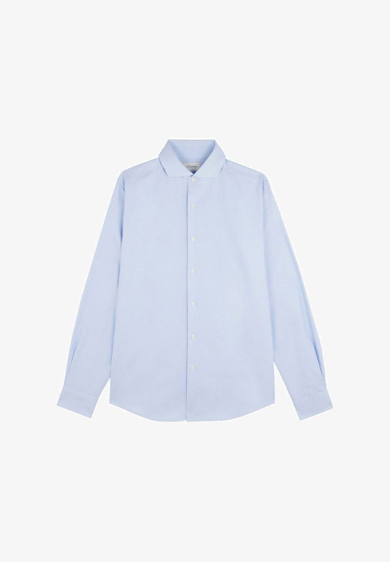 Vaaleansininen pitkähihainen paita, jossa on nappikaulus, pienen ruutukuosisena ja etunappilajittelu. Pehmeä kangas.