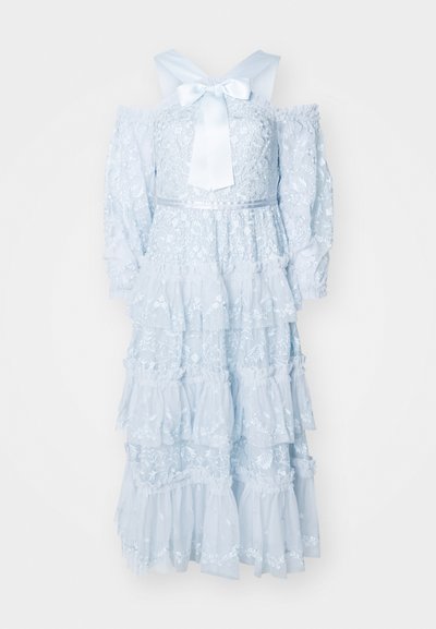 Light blue tiered dress made of sheer fabric with floral embroidery, off-shoulder sleeves, and a large satin bow at the back.