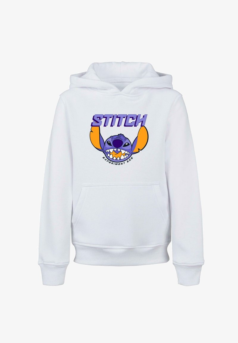 Balta kapuce ar grafiku, kurā attēlots varonis ar purpura, zila un oranža detaļām, teksts "STITCH" un priekšējā kabata.