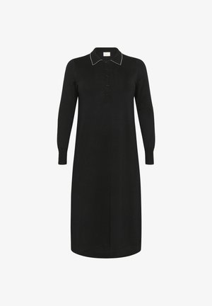 Vestido de punto negro con cuello, mangas largas, cierre de botones en la parte delantera y detalle de costura blanca en el cuello. Ajuste recto, diseño de longitud media.