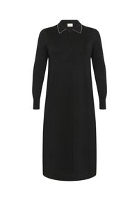 Robe en tricot noir avec un col, des manches longues, un front à boutons et des détails de couture blanche sur le col. Coupe droite, design mi-long.