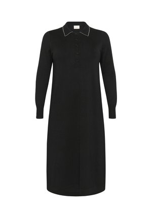Robe en tricot noir avec un col, des manches longues, un front à boutons et des détails de couture blanche sur le col. Coupe droite, design mi-long.