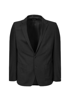 Schwarzer einreihiger Blazer mit Kerbkragen, zwei aufgesetzten Fronttaschen, zwei Knöpfen und einem glatten Innenfutter.