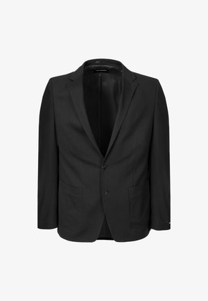 Schwarzer einreihiger Blazer mit Kerbkragen, zwei aufgesetzten Fronttaschen, zwei Knöpfen und einem glatten Innenfutter.
