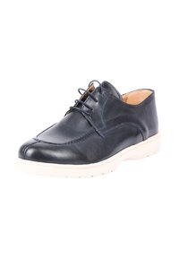 Scarpa in pelle blu con finitura liscia, punta rotonda, design con sei occhielli e lacci, e suola in gomma bianca a contrasto. Dettagli di cucitura presenti.