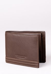 Brown leather wallet with a textured finish. It features stitched accents and a brand logo embossed on the surface. Folded, revealing compartments.