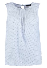 Haut sans manches blanc avec de petits pois noirs, encolure plissée et fermeture par ouverture en keyhole au dos. Tissu doux avec une coupe décontractée.