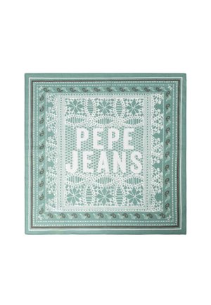 Kvadrātveida zaļā bandana ar baltām mežģīņveida ziedu rakstiem un tekstu "PEPE JEANS" centrā, apmalesd ar paisley dizainu.