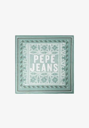 Kvadrātveida zaļā bandana ar baltām mežģīņveida ziedu rakstiem un tekstu "PEPE JEANS" centrā, apmalesd ar paisley dizainu.