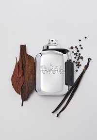 Flacone in metallo argentato con un design di carrozza trainata da cavalli, accompagnato da pezzi in legno scuro e baccelli di vaniglia su uno sfondo chiaro.