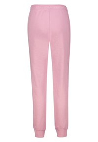 Rosa bomullssweatpants med elastisk midja, avsmalnande ben och ribbade mudd. Slät textur utan synliga mönster eller detaljer.