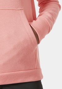 Sudadera rosa con puños acanalados y un bolsillo frontal. Textura de tela suave, corte entallado y detalles de dobladillo cosido.