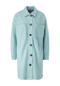 Manteau en laine bleu clair avec col, deux poches poitrine, deux poches latérales et boutons foncés. Texture lisse et coupe longueur genoux.