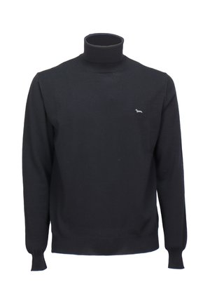 Schwarzer Rollkragenpullover aus Strickmaterial, mit langen Ärmeln und taillierter Passform. Kleines silbernes Logo-Detail auf der Brust.
