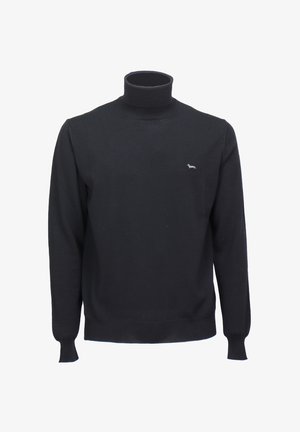 Črna pulover turtleneck iz pletenine, z dolgimi rokavi in prilegajočo zasnovo. Majhen srebrn logotip na prsih.