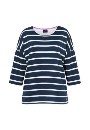 Tmavě modré a bílé pruhované tričko s dlouhým rukávem, kulatým výstřihem a růžovým vnitřním límečkem s logem.