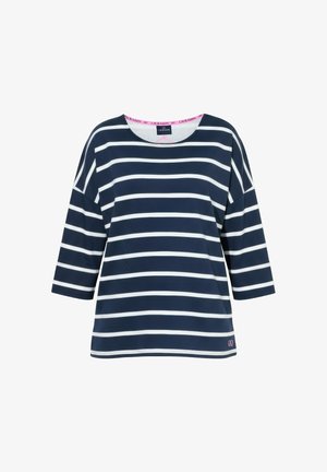 Laivastonsininen ja valkoinen vaakaraitainen pitkähihainen paita, jossa on pyöreä pääntie ja vaaleanpunainen sisäkauluksen brändäys.
