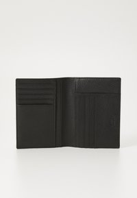 Black leather wallet with a textured finish, featuring multiple card slots and a bill compartment, folded open on a neutral background.