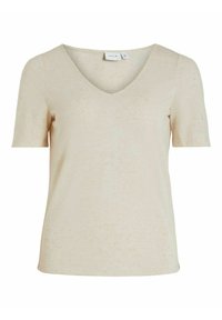 Tricou bej cu mânecă scurtă, realizat dintr-un material texturat, având un decolteu în V și o croială lejeră. Material ușor, moale, cu stropi subtiri.
