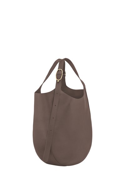 Brown leather shoulder bag with adjustable strap and gold buckle, rounded bottom, simple and spacious design.