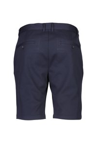 Navy blue shorts with a smooth fabric, feature two back pockets with buttons, a flat waistband, and a tailored design.
