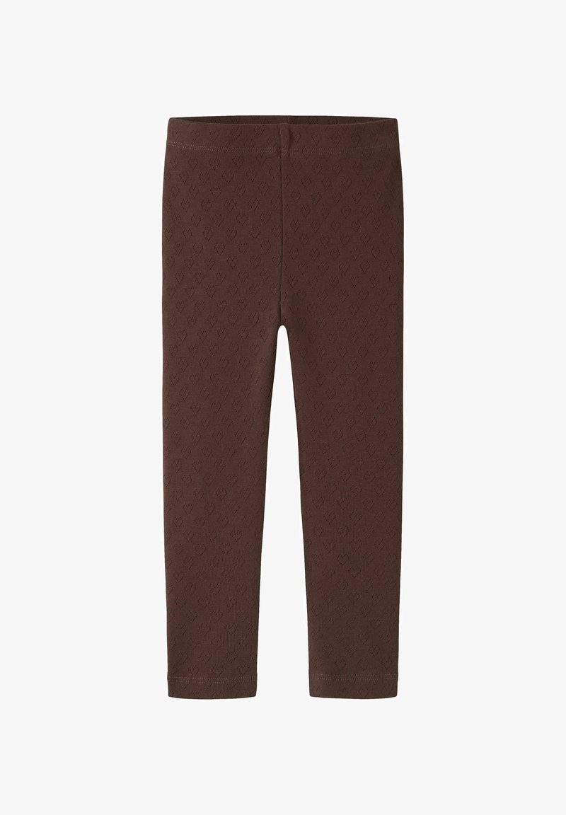 Leggings marron avec un motif discret en forme de cœur, coupe droite et taille élastique, adaptés à un usage décontracté.
