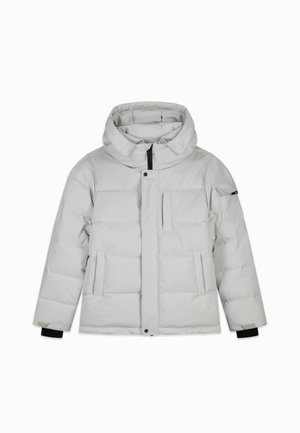 Lichtgrijze pufferjack met capuchon, gevuld met isolatie, voorzien van een ritsluiting aan de voorkant, een borstzak en zijzakken.