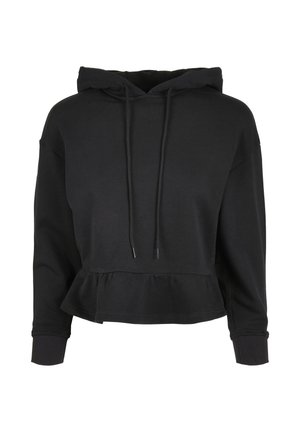 Crna majica s kapuljačom od mekog tkanja, s peplum rubom, podesivim vezicama i rebrastim manšetama za pristajanje uz tijelo.