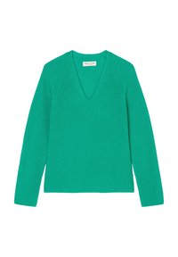 Maglione verde a costine con scollatura a V e maniche lunghe. Caratterizzato da un motivo di maglieria testurizzata e una vestibilità comoda.