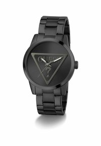Orologio da polso in metallo nero con cassa rotonda, quadrante nero liscio che presenta un logo triangolare, lancette argentate e bracciale lucido a maglie.