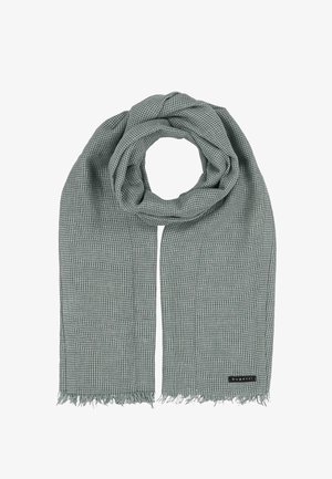 Klein kariertes Schal in Grau und Schwarz mit Fransen an den Rändern, zu einer Schlaufe gefaltet, mit einem kleinen schwarzen rechteckigen "bugatti"-Label.