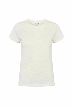 Majica kratkih rukava u boji izbljeđele bijele, izrađena od teksturirane tkanine, s klasičnim okruglim izrezom i opuštenim krojem. Unutrašnja etiketa vidljiva.