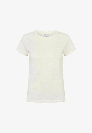 Īsas piedurknes T-krekls krēmkrāsā, izgatavots no teksturētas auduma, ar klasisku apaļu apkakli un brīvu piegriezumu. Etiķete redzama iekšpusē.