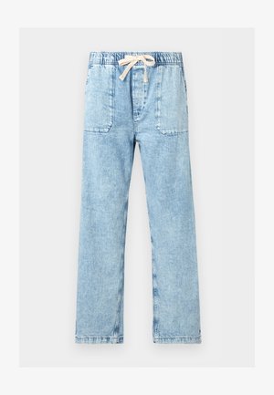 Hellblaue Jeanshose mit geraden Beinen, elastischem Bund, aufgesetzten Fronttaschen und weißem Kordelzug.