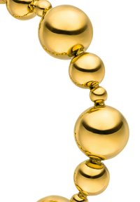 Goldfarbene Halskette mit kugelförmigen Perlen unterschiedlicher Größen, die eine glatte, reflektierende Oberfläche und nahtlose Verbindungen zwischen den Segmenten aufweisen.