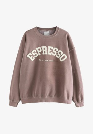 Sweatshirt marron avec col rond, présentant un texte en bloc blanc qui indique "ESPRESSO" et une ligne plus petite en dessous. Tissu doux avec des poignets côtelés.