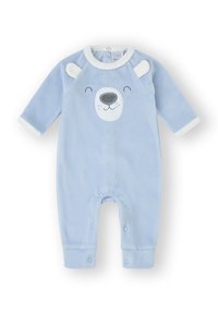 Peto para bebé de color azul claro hecho de suave tejido de pana. Presenta un diseño de cara de oso en el pecho, con broches a presión en la parte inferior y en los puños.