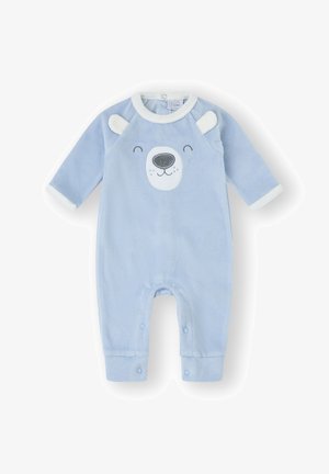 Peto para bebé de color azul claro hecho de suave tejido de pana. Presenta un diseño de cara de oso en el pecho, con broches a presión en la parte inferior y en los puños.