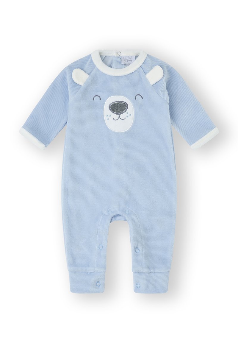 Peto para bebé de color azul claro hecho de suave tejido de pana. Presenta un diseño de cara de oso en el pecho, con broches a presión en la parte inferior y en los puños.