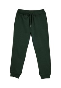 Pantalones de chándal verde oscuro hechos de material suave, con una cinturilla elástica y cordón, tobillos ajustados y detalles en las costuras laterales.