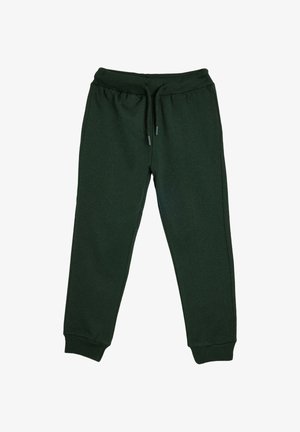 Dunkelgrüne Sweatpants aus weichem Material, mit einem elastischen Bund und Kordelzug, gerippten Bündchen und seitlichen Nahtdetails.