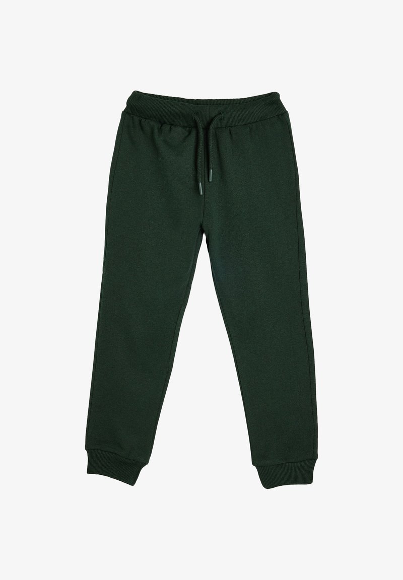 Pantalones de chándal verde oscuro hechos de material suave, con una cinturilla elástica y cordón, tobillos ajustados y detalles en las costuras laterales.