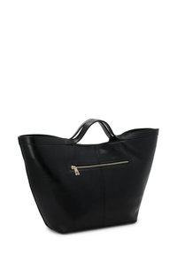 Black leather tote bag, wide body, smooth texture, top handles, and a front zippered pocket with gold hardware accents.