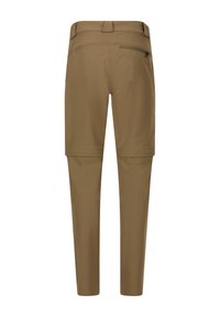 Pantalons cargo légers marron avec une coupe droite, dotés d'une poche arrière zippée et d'une texture lisse.