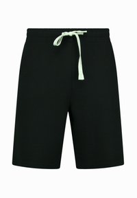 Zwarte shorts van een gestructureerde stof, met een elastische tailleband en een lichtgekleurde koord. Rechtaf-abreiding, tot halverwege de dij.