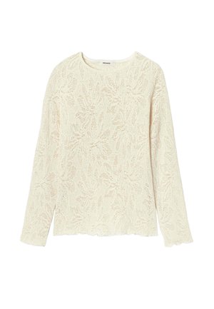 Pull en maille crème à manches longues avec motif floral en dentelle, encolure ronde et ourlet ainsi que poignets festonnés.