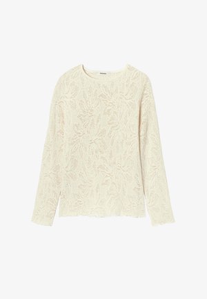 Pull en maille crème à manches longues avec motif floral en dentelle, encolure ronde et ourlet ainsi que poignets festonnés.