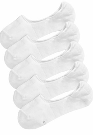 Five pairs of low-cut white socks made of cotton blend, featuring a smooth texture and reinforced stitching at the heel and toe.